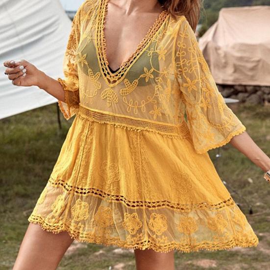 Swimsuit Cover Up Solid Color Deep V Neck Lace Quick Dry Swimwear
