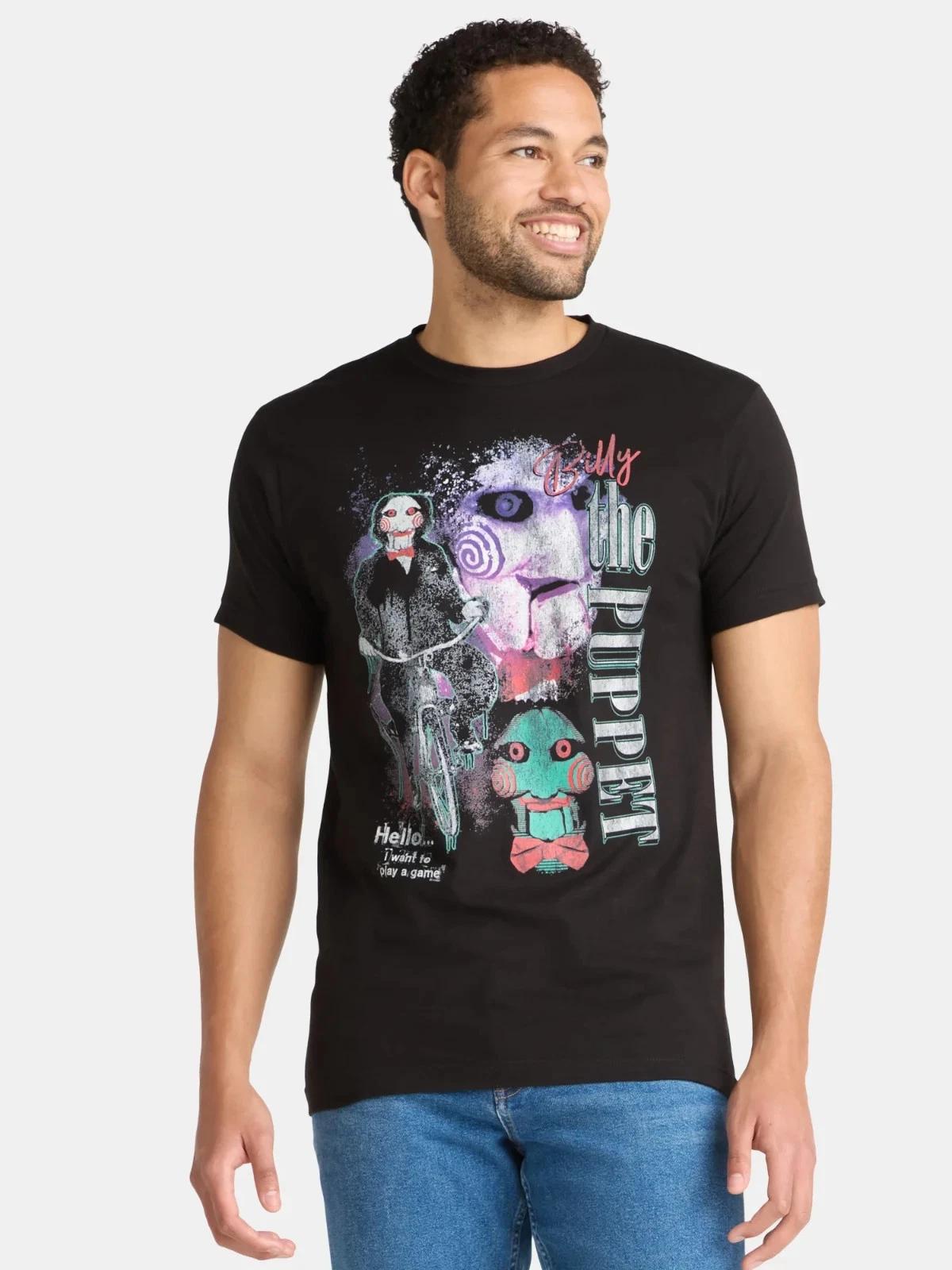 SAW Billy The Puppet Mens Hello I Want To Play A Game Black Shirt New Large L