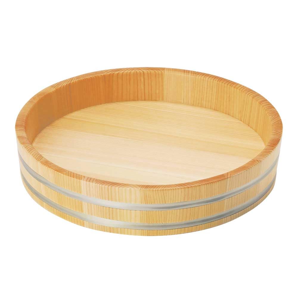 Yamaco Sawara wood shallow serving bowl with stainless steel grooved x 04323 design, 9-inch (27 H5.5cm)