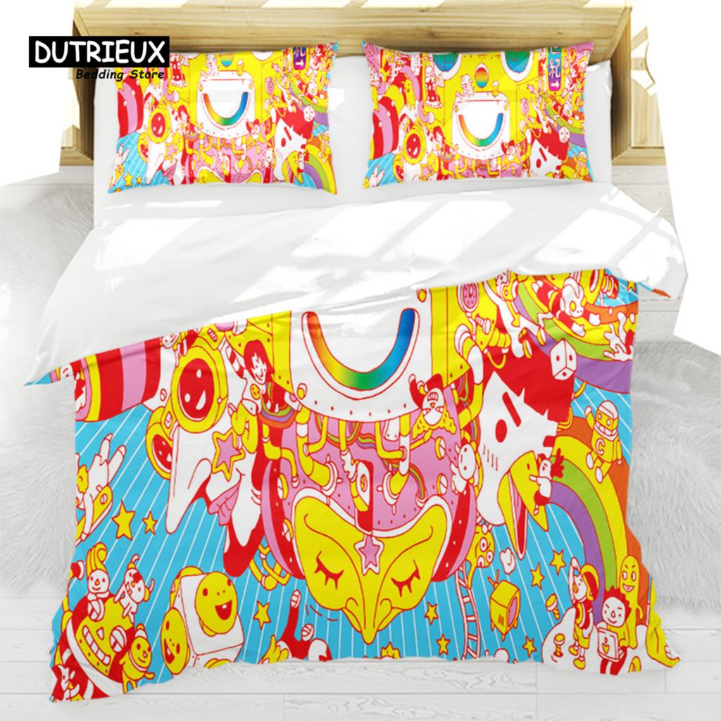 

Comforter Abstract Art Painting Colorful Cartoon Pattern Bedding Set Microfiber Twin Full For Kids Girl Teen Decor Comforter (quilt)-EU Single(135*200cm)3pcs