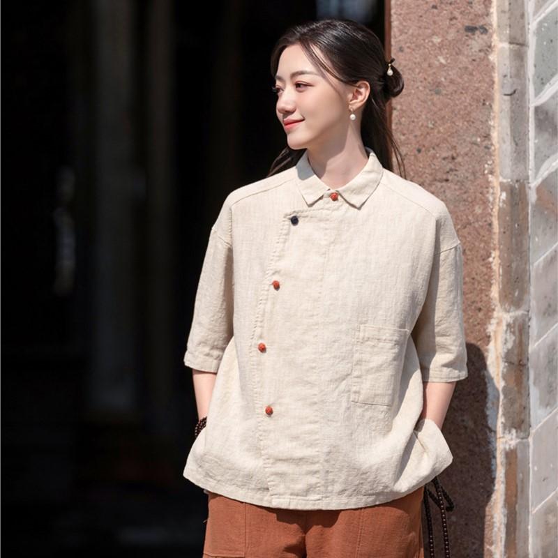 

Johnature Women Vintage Shirts Turn-down Collar Half Sleeve Tops Solid Color Button Summer Loose Shirts One Size