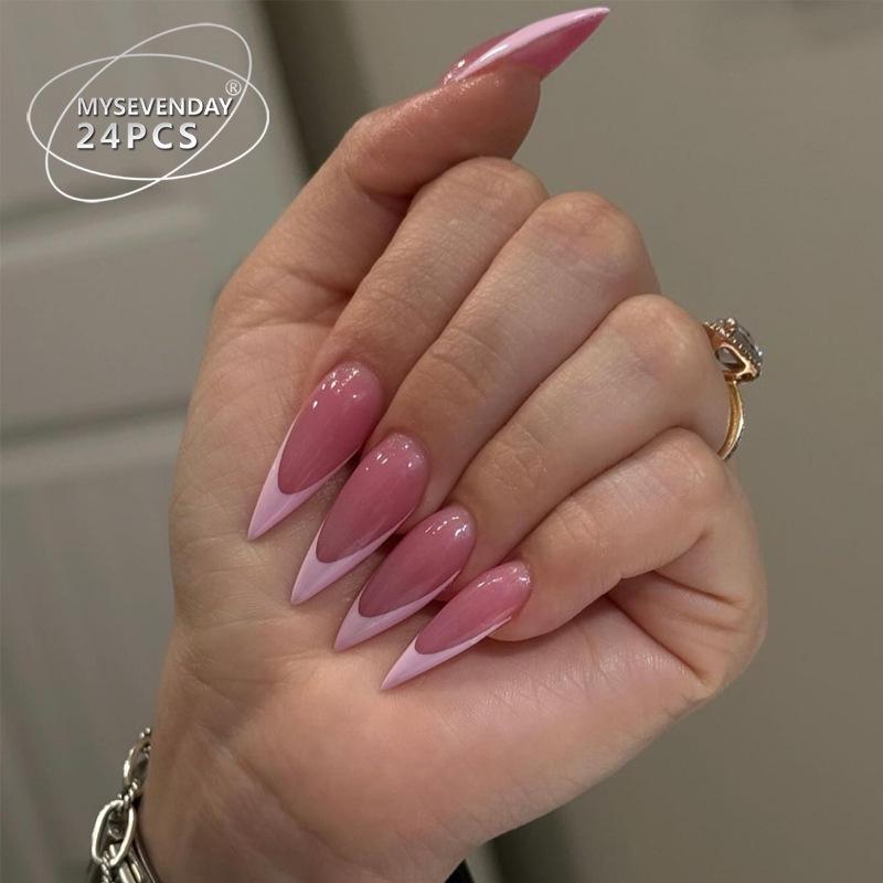 

European and American Style Long Pink French False Nails - 24 Piece Set Glue Set