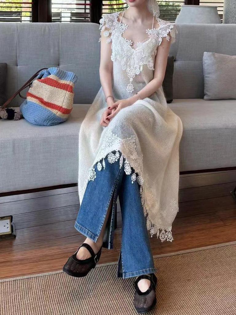 Urban Wave Beige Mohair V-Neck Lace Camisole Dress - Spring Collection