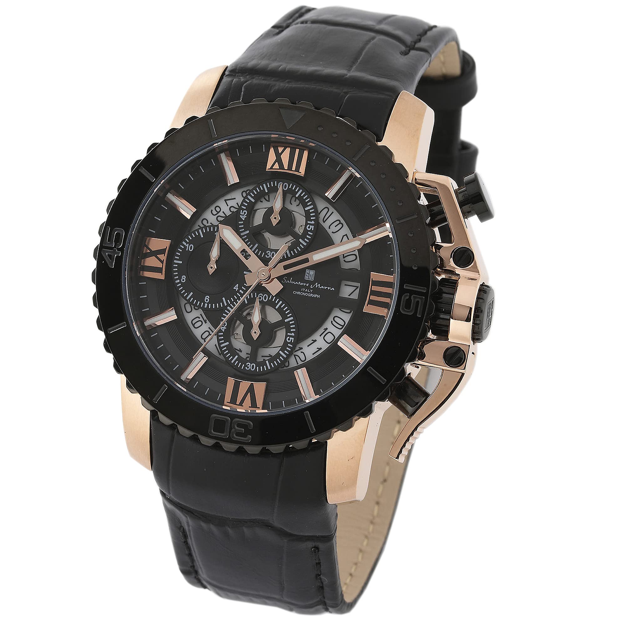 

Salvatore Marra Men s Watch, Stainless Steel, Black and Pink Gold Case, Waterproof, Analog Quartz Movement, Chronograph, Business, Casual, Gift, PGBK
