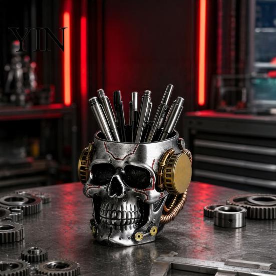 Langlebiger Harz-Stifthalter Totenkopf-Stifthalter, Gruseliger Pinselhalter für Make-up Industrieller Stil Becher Multifunktionaler Schreibtisch-Organizer für Zuhause Büro, Halloween