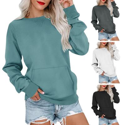 Frauen Sweatshirt mit Großen Front Tasche Lange Ärmel Rundhals Lose Einfarbig