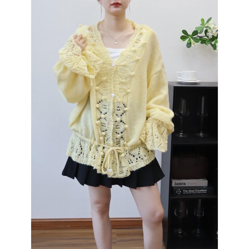 

Кардиган вязаный с V-образным вырезом, полым узором и кулиской, новинка ранней осени, женская свободная милая куртка-свитер one size fits all жёлтый
