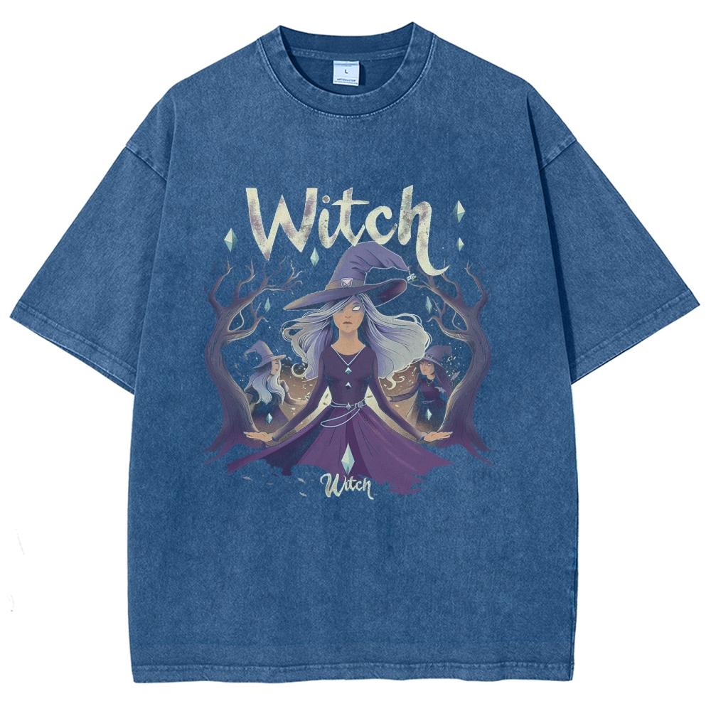 Distressed Harajuku Style Witch Print Women's T-Shirt Oversized Washed Short Sleeve Fabric Comfortable Unisex Tees