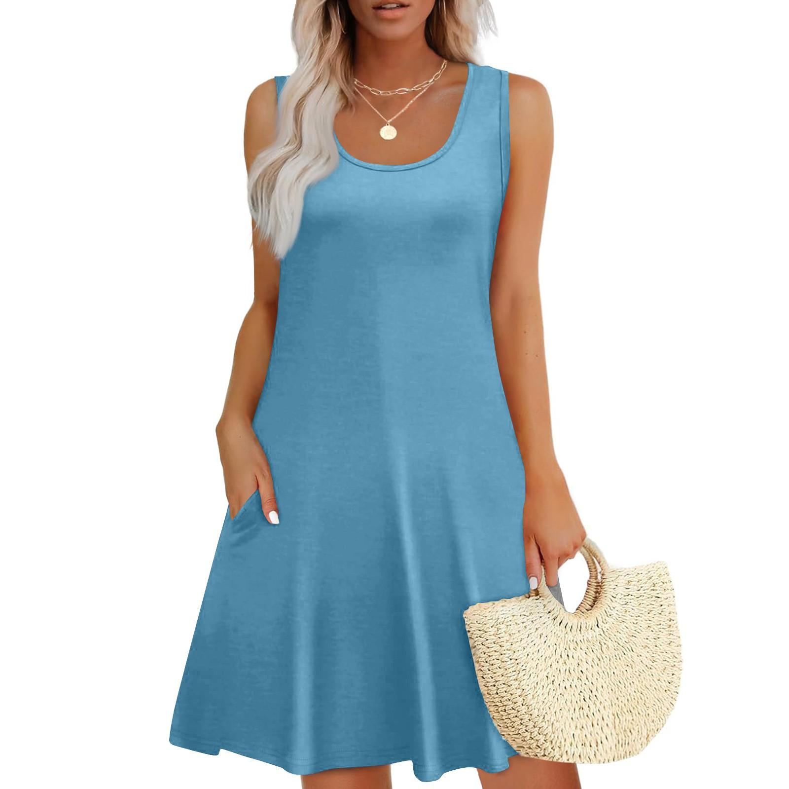 

Женский повседневный сарафан с карманами, летнее пляжное платье в стиле бохо, праздничные платья для женщин, футболки, платья с U-образным вырезом, свободные платья-майки L