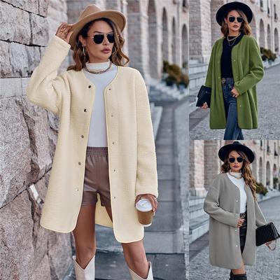 Women's Round Neck Coat Casual Fleece Coat Vintage Solid Color Long Sleeve Single Breasted for Office Party