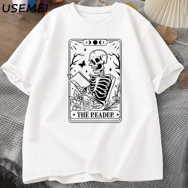 

The Reader Tarot Card T-Shirt Skeleton Reading T Shirt Summer Cotton Book Lover Bookish Tops Men Oversized Tees XXL белый