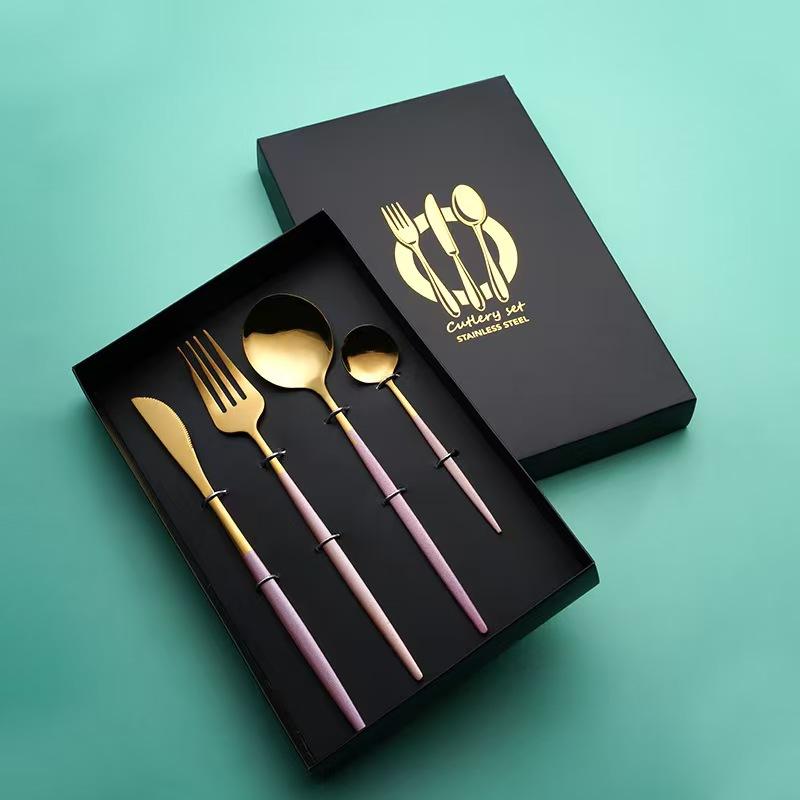 tableware 410 stainless steel, knife, table fork, table spoon, kitchen utensils, Portuguese-style, green and gold 4-piece set