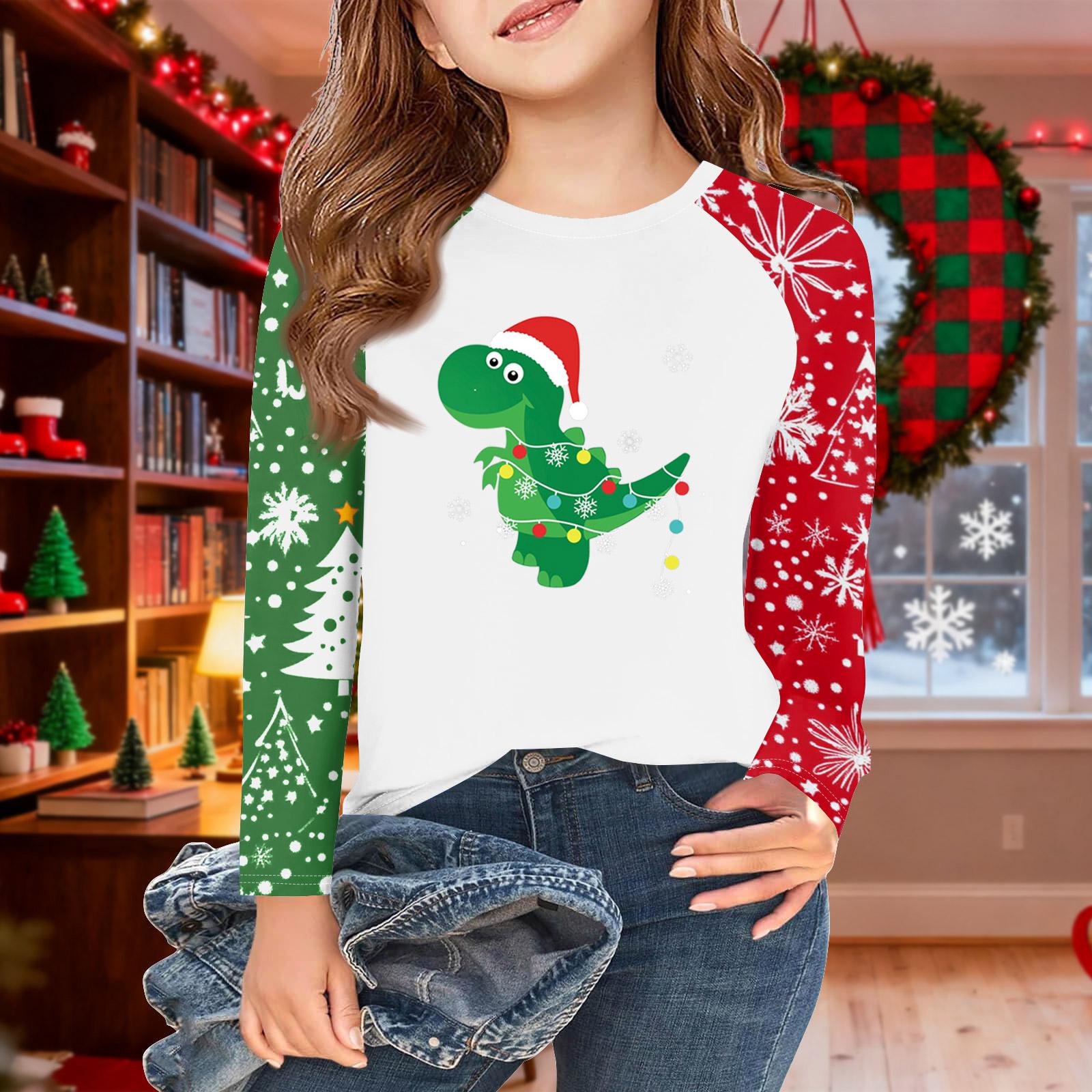 

Футболки с длинным рукавом для девочек на Рождество, детские осенние топы с круглым вырезом, базовые футболки 5-14 лет 150