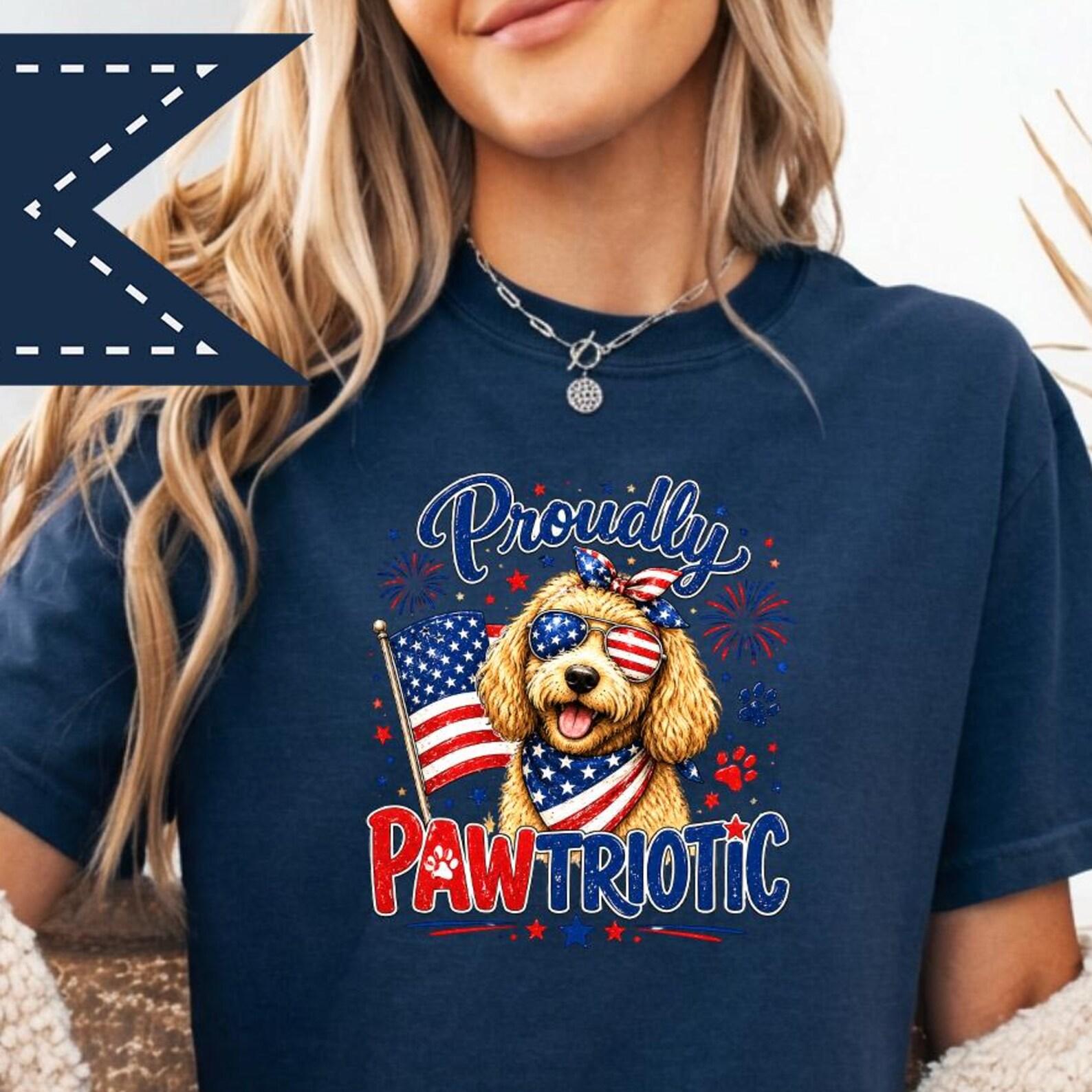 Proudly Paw-triotic 4th of July Tee, Unisex Patriotic Dog Shirt, USA Flag Tee, Boho Summer Top L