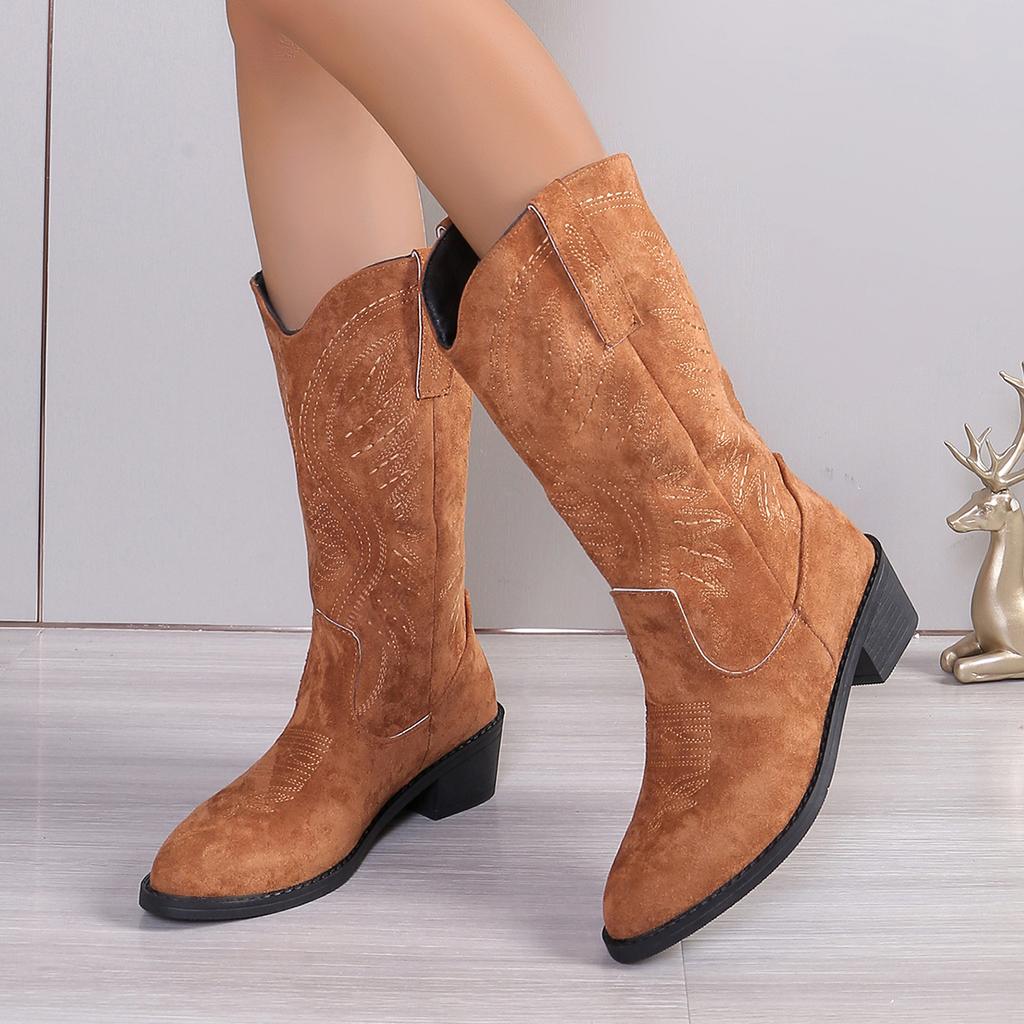 fashion New Winter Women's Boots Pionted Toe Square Heel Shoes for Women Outdoor Anti-slip Mid-calf Ladies Boots Mid Heel Platform Shoes