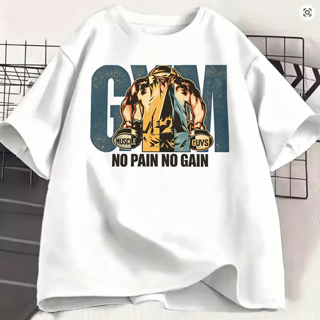 Unisexs TShirts Gym Bodybuilding Fitness Funny Pure Cotton Short Sleeve NO PAIN NO GAIN T Shirts O Neck Clothing 4XL 5XL 6XL