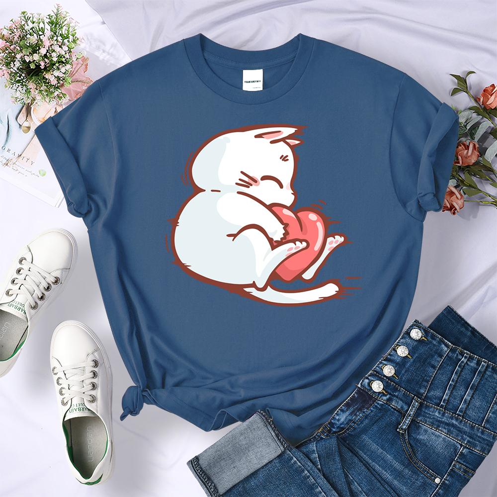 Embrace The Red Heart White Cat Summer 3D Printing Women T-Shirt Hip Hop Soft T Shirts All-Match Y2K Clothing O-Neck Casual Streetwear
