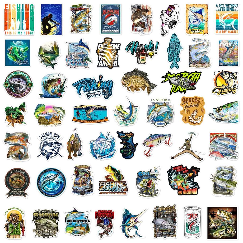 50pcs Fishing Stickers Saltwater Lure Sailing Boat Decals Waterproof Vinyl For Tackle Box Cooler Luggage Angler Gift