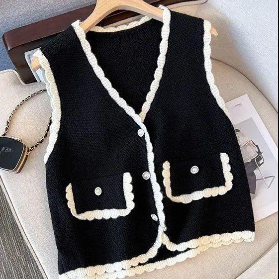 Autumn Women's V-neck Single-breasted Knitted Vest Contrast Slim Cardigan Vest