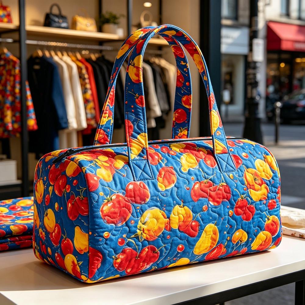Quilted travel handbag Bright blue cherry tomato print holiday camping beach Bohemian vibrant leisure travel fitness bag retro fruit-themed graphic