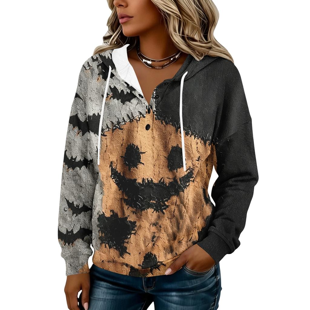 Women's Hooded Button Front Halloween Print Pullover Sweatshirt for Casual Fall Outfits