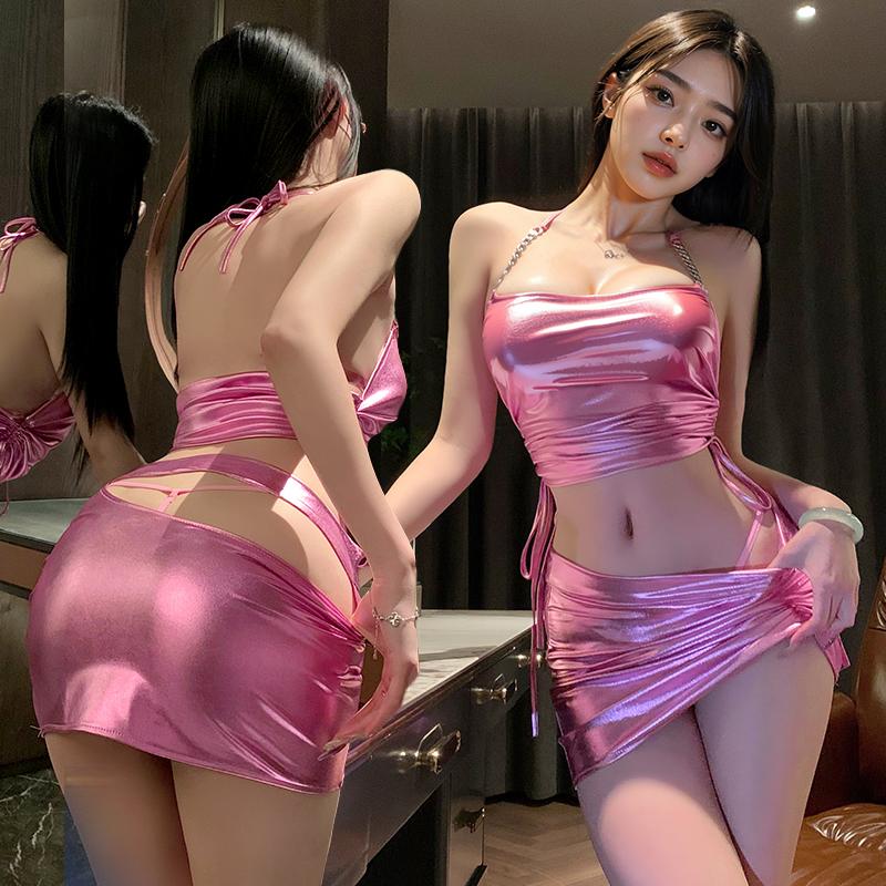 Sexy Lingerie Nightclub Uniform Temptation Passionate Patent Leather Chain Halter Top Bag Buttocks Skirt Women Cosplay Costume