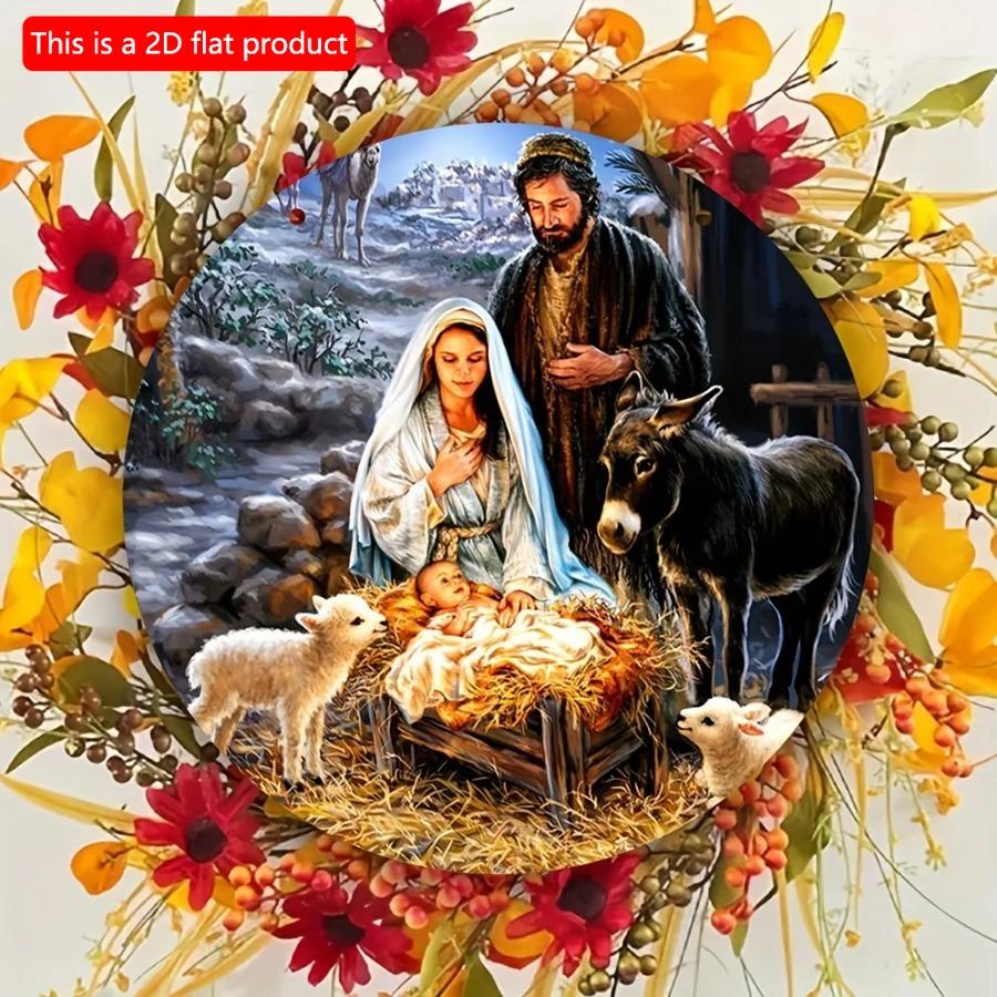 1pc 2d Flat Wood Round Wooden Nativity Wreath Sign Decorative Round Signs - 20cm Wall, Home, Room, Window, Porch, Restaurant, Bar, Cafe Decor, Holiday
