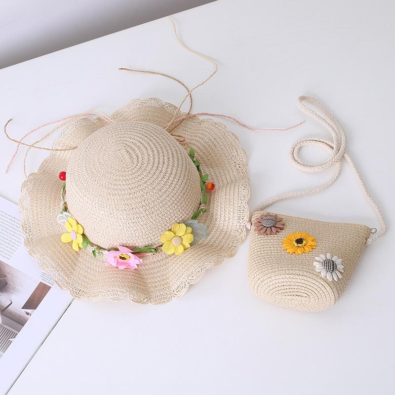 2pcs Suit Cute Children Straw Hat and Shoulder Bag Girls Summer Outdoor Beach Cap Cute Beach Sun Hat Cross Body Bag Bucket Cap