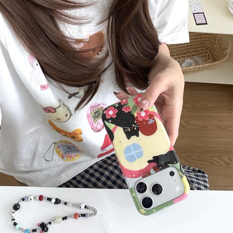 Black Cat Cartoon Chain Phone Case for iPhone 17, 16 Pro Max, 15, 14