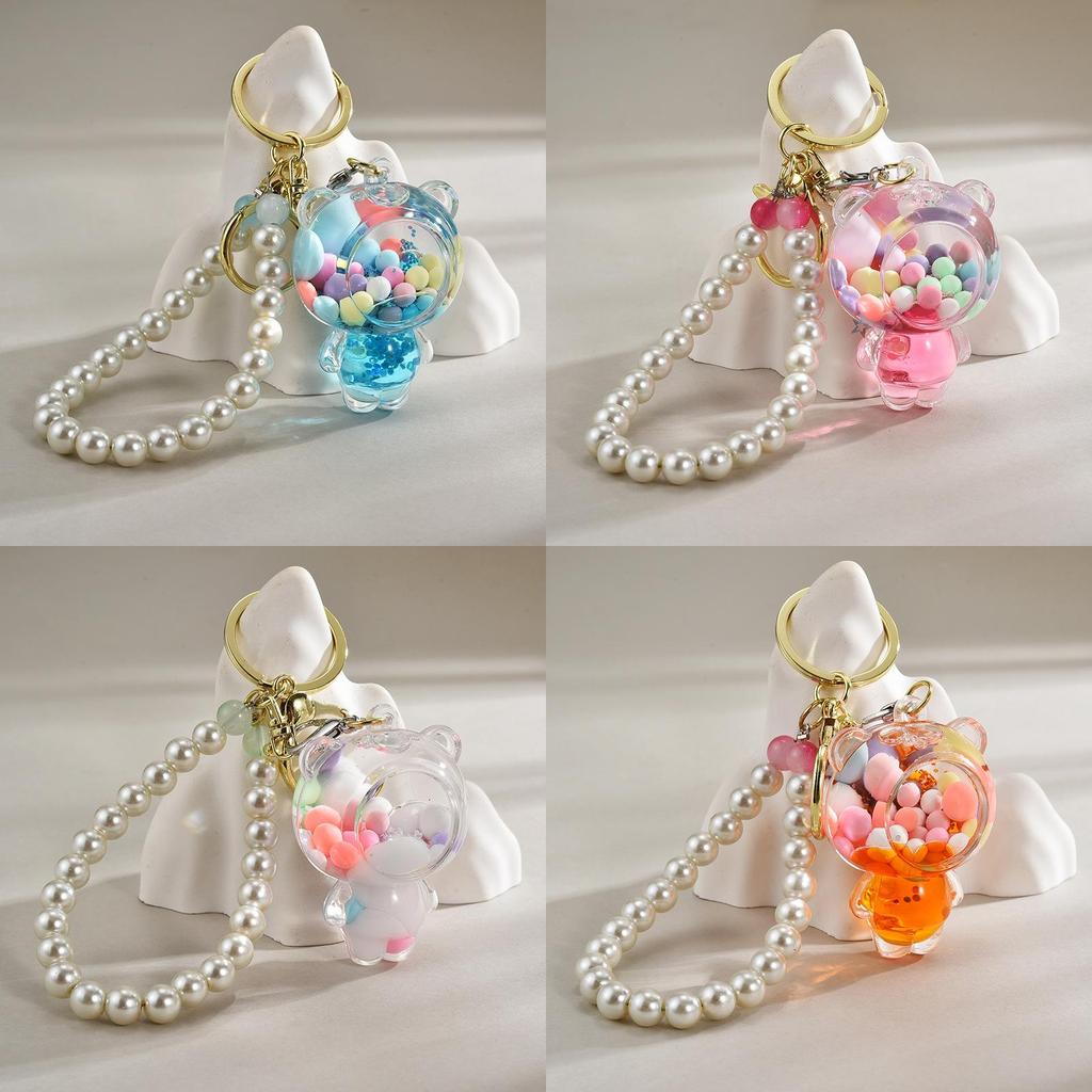 Crystal Color Bead Bear Keychain With Pearl Chain For Kids Gift And Party Favor