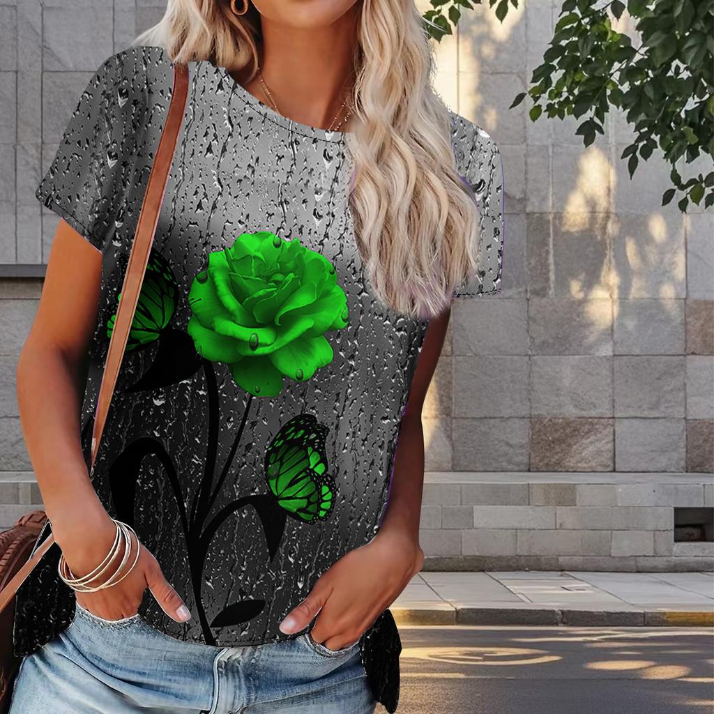 Damski Letni T-shirt z Nadrukiem Róży Retro Moda Krótki Rękaw Koszulki Casualowe Drukowane Topy