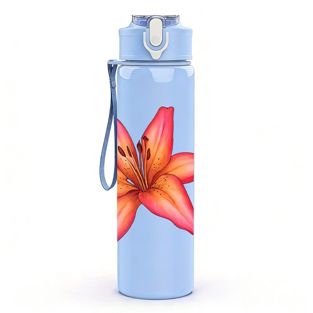 1PC Pink Lily Flower Illustration 750ml Color Plastic Sports Water Bottle Leakproof Flip Straw Lid Suitable for Sports Office Home Use