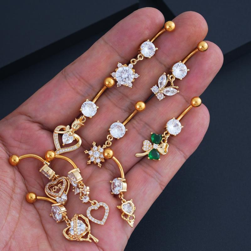 Butterfly Zircon Belly Button Rings Stainless Steel Heart Pendant Navel Piercing Barbell For Women Belly Ring Beach Jewelry