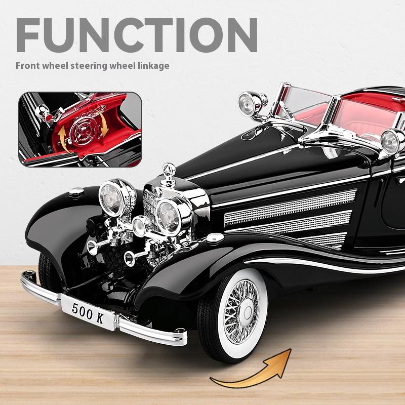 Large 1/18 Benz 500K Alloy Die Cast Classic Car Model Simulation Sound Light Retro Car Model Ornament Boy Gift Halloween Toys