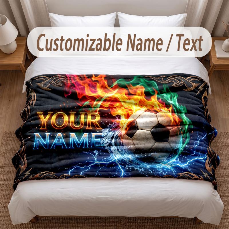 Soccer Theme Soft Blanket Personalized Custom Name Text Print Warm Blanket Home Sofa Bedroom Decor