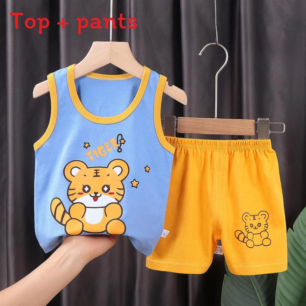Cotton Kids Summer Sleeveless Shorts Set With Animal Cartoon Prints For Boys And Girls