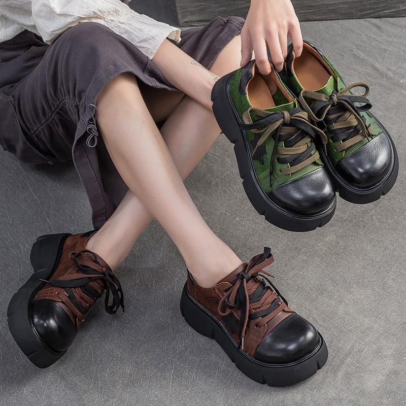 Johnature Genuine Leather Pumps Thick Soled Round Toe Mixed Colors Lace-up Fashion Versatile Women's Shoes