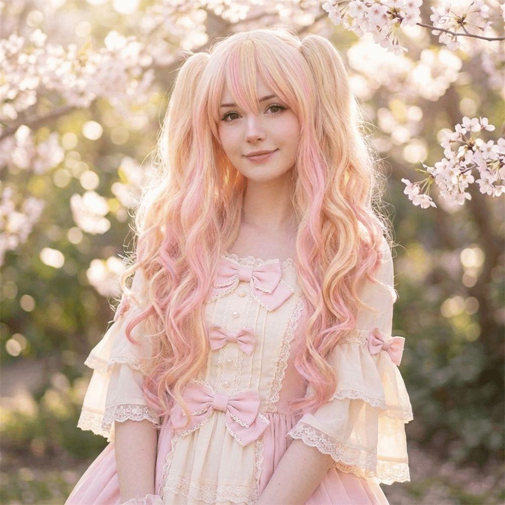80cm Long Curly Cosplay Wig with 2 Ponytails Women Layered Wigs Pink Blue Gold Curly Wigs  Carnival