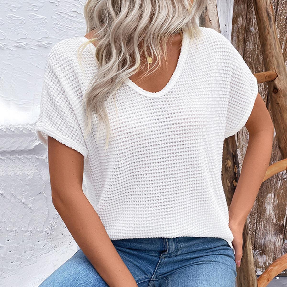 

Summer New Women s V-Neck Short Sleeve Hollow Out White Casual Top, European American Style Loose T-shirt for Women Crossbody Wear S белый