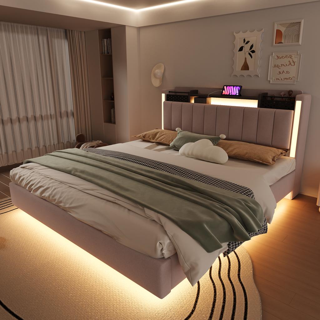 Gestoffeerd Bed 160*200 met LED-verlichting en USB-poort, Hoofdbord met Opbergruimte, Zwevend Bed Jeugd Bed Volwassen Bed, Linnen Stof, Beige