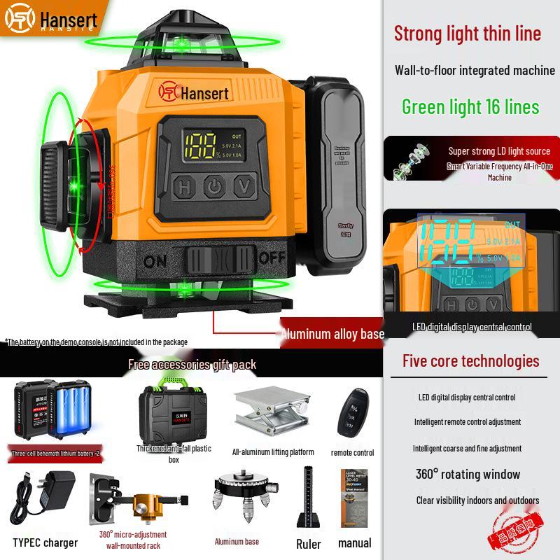 16-line High Precision Green Laser Level with Automatic Leveling for Indoor/Outdoor Use