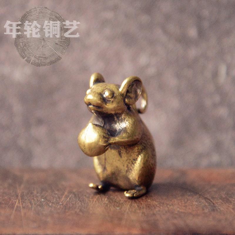 Solid Brass Rat Holding Peach Keychain Animal Zodiac Charm Decorative Key Ring Bag Car Home