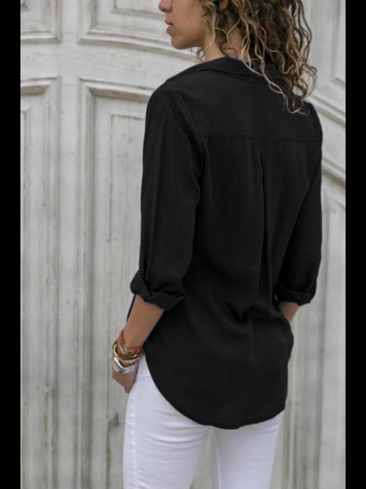 Autumn Winter Fashion Womens Chiffon Shirt Long Sleeves Deep V Neck