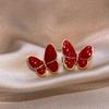 Retro Red Zirconia Pearl Flower Earrings - High-End Hong Kong Style Studs for Women