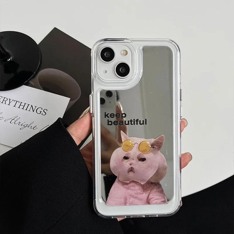 Cute Cat Dog Electroplated Mirror Surface Phone Case For iPhone 16 Pro Max 15 14 13 12 11 Pro Max Makeup Mirror Funny Cat Cover
