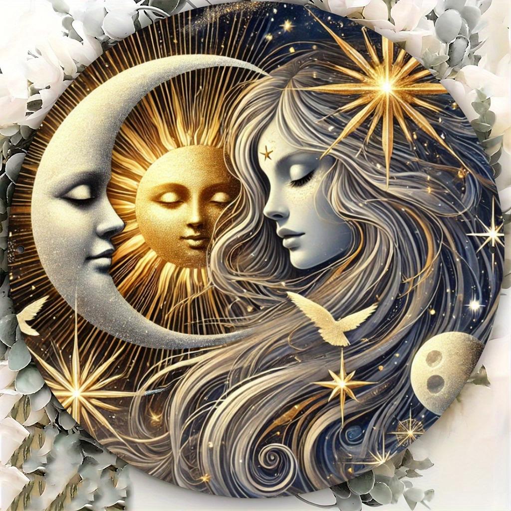 D Flat High Definition Metal Wall Art Surreal Sun and Moon Face Metal Sign Featuring a Harmonious Half Solar Half Lunar Design