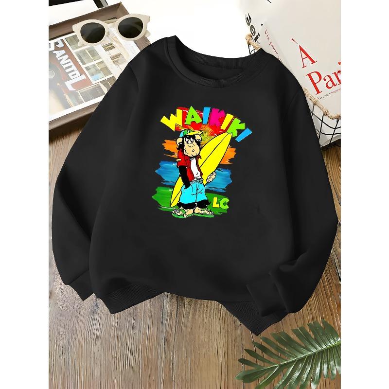 Kids Unisex Crewneck Sweatshirt, Waikiki Surf Monkey Cartoon Print Long Sleeve Pullover, Soft Fleece Kids Sweatshirt For Boys Girls Over 4 Years Old