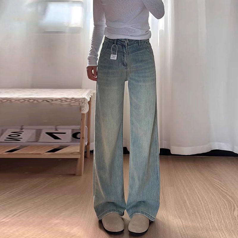 

Женские весенние ретро синие джинсы с высокой посадкой и широкими штанинами - Стройнящие, драпирующиеся, прямого кроя Medium светло-синий