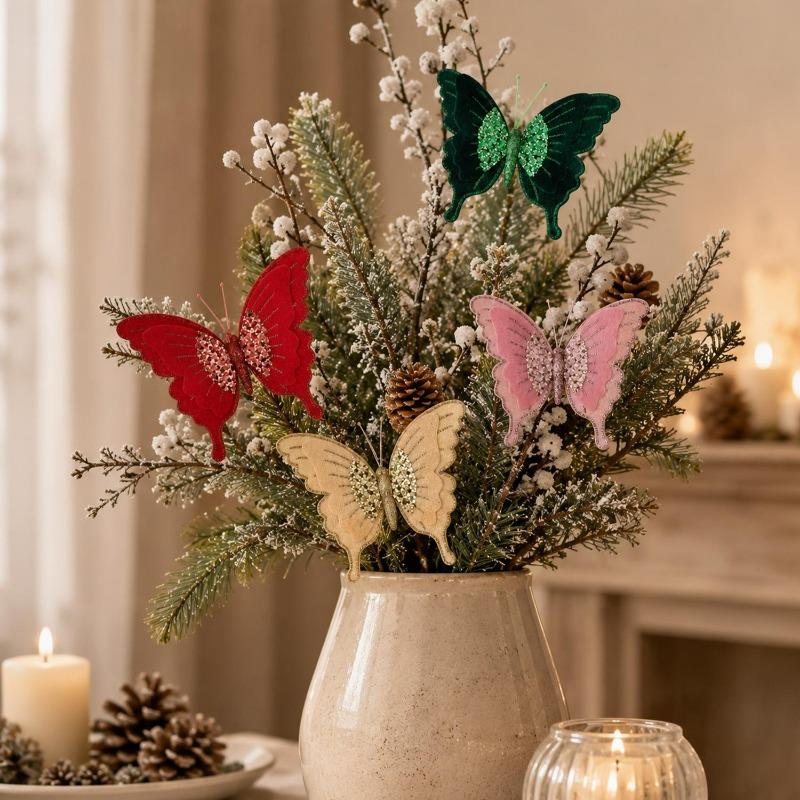 Velvet Butterfly Red Green Xmas Tree Simulated Butterfly Hanging Ornaments Christmas New Year Party DIY Home Decoration Supply