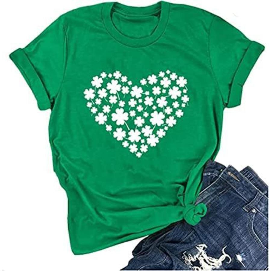 Women's Casual O Neck Heart Printed T-shirt O Neck Short Sleeve Cotton Tops